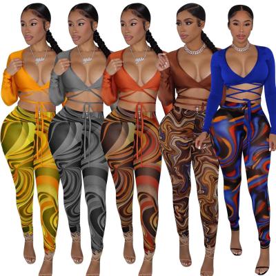 China QUICK DRY Drop Shipping 2022 Womens Sets Outfits Bandage Crop Top Upper Waist Tie Dye Pants Two Piece Set For Women Clothes for sale