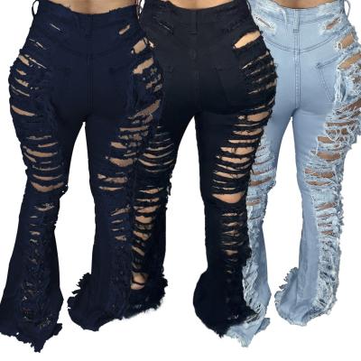 China 2021 Fashion Flare Trend Bell Bottom Denim Breathable Distressed Skinny Ripped Jeans Pants For Women for sale