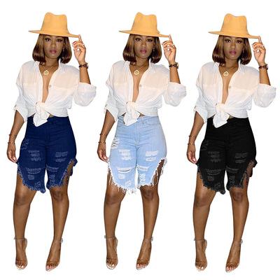 China 2021 summer breathable blue distressed cut high waisted ripped denim shorts for women denim for sale