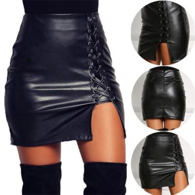 China Anti-Static PU Leather Lace Up Bandage Slit Skirt Fashion Black Short Slim Pencil Skirts For Women for sale