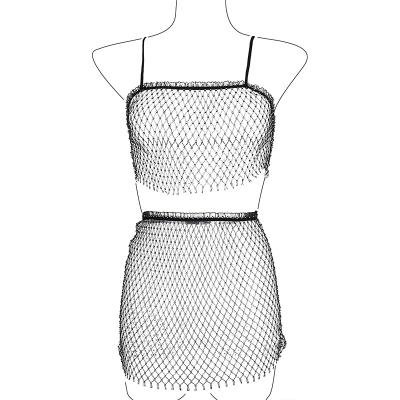 China Breathable Sexy Top And Mini Skirt Beach Wear Women Crop Mesh Beachwear Mesh Skirt Rhinestone 2 Pieces Hollow Out Backless Cover Up for sale