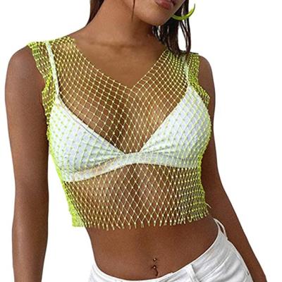 China Shiny Colors Women Mesh Rhinestone Sleeveless Beach Cover Sheer Sexy Up Crop Top Shirts for sale