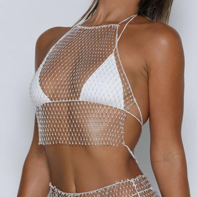 China Breathable Diamond Fishnet Vest Mesh Hot Jewelry Rhinestone Instant Lingerie Clothes Sexy Ladies Cover Up for sale