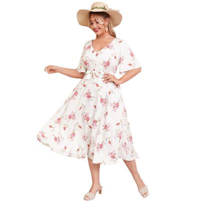 China Summer Washable V-neck Spring New Arrival Floral Print Plus Size Women's Sweet Midi Dress for sale