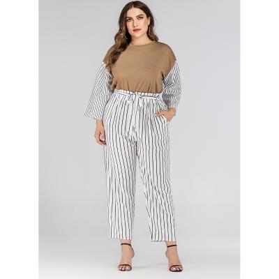 China Plus Size Plus Size Office Lady Loose Tie Front Printed Women Striped Loose Casual Pants for sale