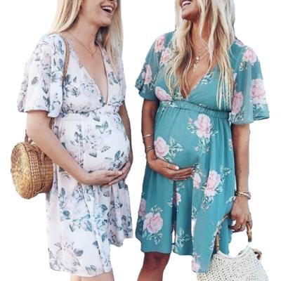 China V Neck Breathable Short Sleeve Summer Women Clothes Digital Printed Pregnant Maternity Dress for sale