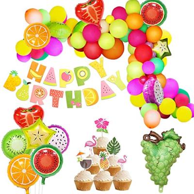 China Festival Decoration Selection Fruit Happy Birthday Banner Fruit Balloons Cupcake Toppers For Birthday Luau Fruit Themed Party for sale