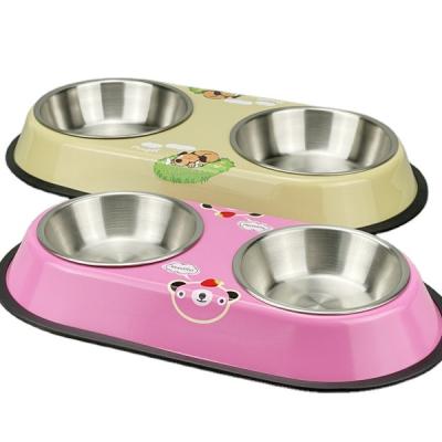 China 2021 high quality non-automatic double bowls waterproof bowls with rack slow feeding bowls for dog and cat for sale