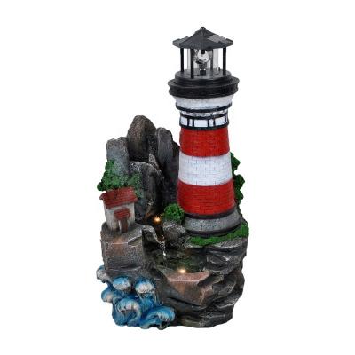 China 2022 Decorative Fiberglass Polyresin LED Lighthouse Rock Water Feature Solar Rotating Waterfall Fountain for Indoor and Outdoor Decoration for sale