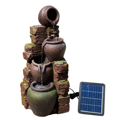 China Solar Powered Fiberglass Polyresin Brick Pots Waterfall Solar Fountain Water Feature with Rechargeable Battery Holder for Outdoor Garden for sale