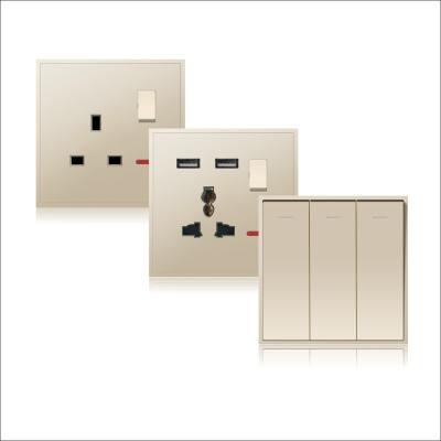 China ANTI-FIRE PC 250V 10A 3 BAND 1 WAY WALL SWITCH SOCKET WITH NEON, ANTI-FIRE PC, CHAMPAGNE GOLD COLOR for sale