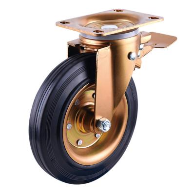 China High Load Capacity 8 Inch Caster Iron Core Industrial Gold Locking Rubber Heavy Duty Caster Wheel for sale