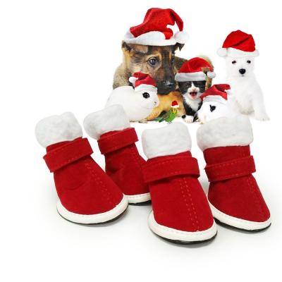 China Factory Stocked Pet Shop Christmas Dog Shoes Winter Red Warm Cotton Pomeranian Bichon Christmas Anti Slip Pet Shoes For Teddy for sale