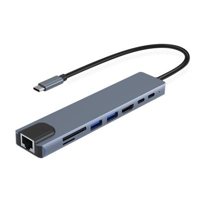 China Heat Dissipation 8 in 1 Type C Hub Adapter Case 4K 30Hz Aluminum Usb C Hub Type Usb C Hub For Desktop Notebook for sale