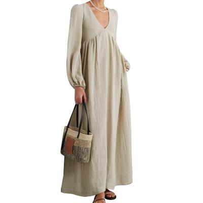 China Anti-Static 2022 Summer OEM Muslim elegant Lady lace-up tunic V-neck Maxi Ladies Long Women dresses peplum vestidos casual 100% Linen Dress for sale