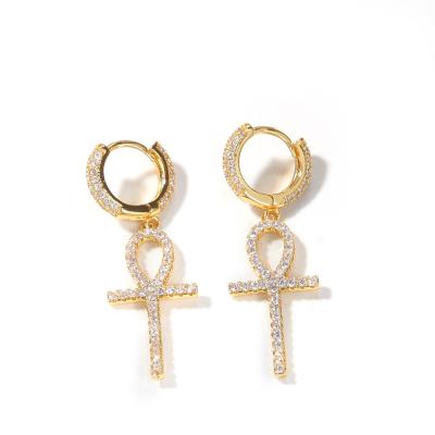 China Trendy Fashion Earrings Jewelry Iced Out Gold Cross Earrings Hip Hop Pendant Plated Circle Cross Earrings for sale