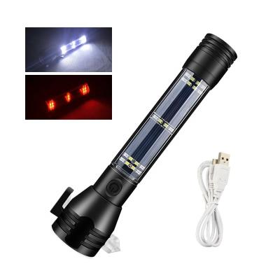 중국 Multifunction Solar Flashlight USB Rechargeable Solar Powered Tactical Flashlight with Glass Breaker Seatbelt Cutter Torch light 판매용