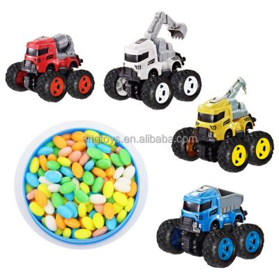 China Micro Cartoon Toys Candy Off Road Toy Car Friction Powered Engineering Vehicle Trucks Double Sided Inertia Car Candy Toy for sale