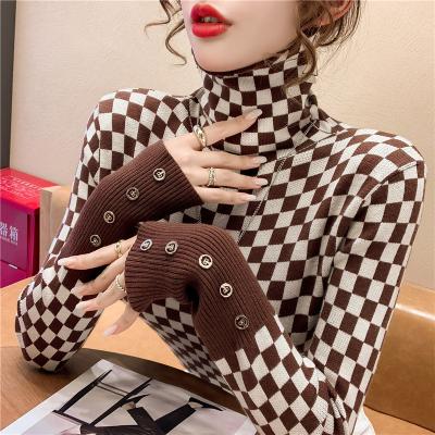 China Anti-wrinkle 2021 autumn and winter style new winter style high-neck checkerboard sweater women's slim fit blouse for sale