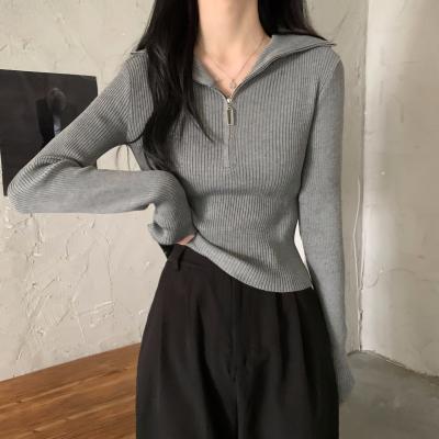 China Anti-wrinkle autumn new style thin and soft zipper sense design lapel sweater long sleeve blouse for sale