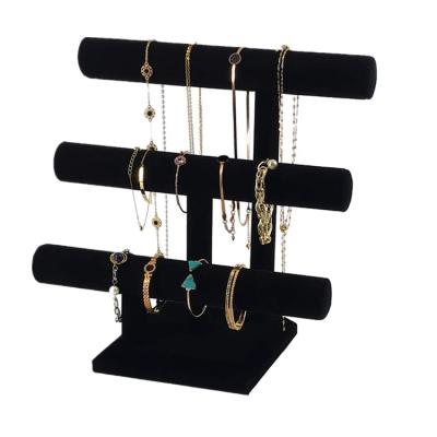 China Setting Atmosphere Top Tidying 3 Tier Jewelry Display Stand For Necklace Bracelet Watch Black Velvet T Jewelry Rack for sale