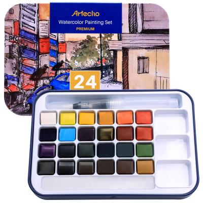 China Artecho Paint Watercolor Set with 24 Vibrant Colors Including Water Brush Pen, Sponge and Blank Color Chart in Watercolor 1 Count for sale