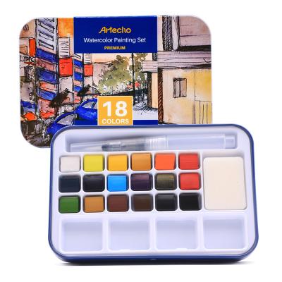 China Artecho Paint Watercolor Set with 18 Vibrant Colors Including Water Brush Pen, Sponge and Blank Color Chart in Watercolor 1 Count for sale