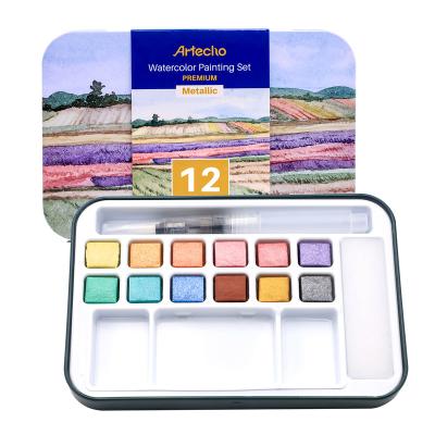 China Artecho Paint Watercolor Set with 12 metallic colors including water brush pen, sponge and blank color chart in watercolor 1 count for sale