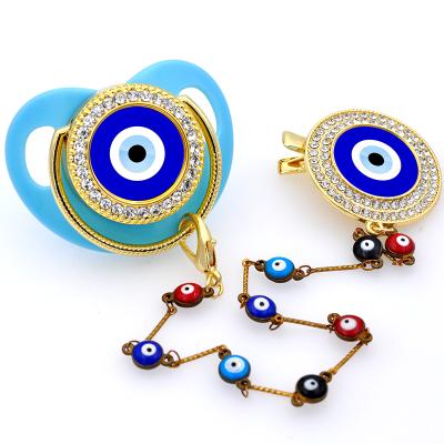 China Custom Personalized Baby Bling Evil Eye Name BPA Jewelry Clip Free Luxury Blue Brass Soother Pacifier for sale