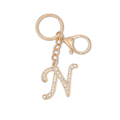 China Metal 26 Initial Letter Vintage Personalized N Shape Alloy Custom Made Alloy Retro Style Crystal Rhinestones Alphabet Keychain for sale