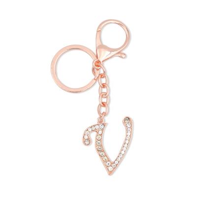 China Initial 26 metal letter v key chain diamond rose crystal letter chain v shape key chain unisex gold alphabet keyfob for sale