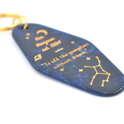 China GAK077 Vintage Personalized Blue Plastic Acrylic Motel Retro Hotel Laser Engrave Key Chain Tags for sale