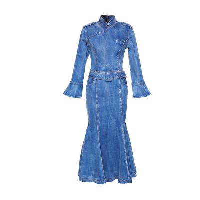 China High Quality Breathable Ladies Stand Collar Denim Vintage Dress for sale