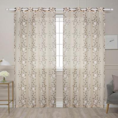 China Brown New Arrival Sheer Curtain In Leaf Flame Retardant Embroidery With Style Backing Linen Fabric for sale