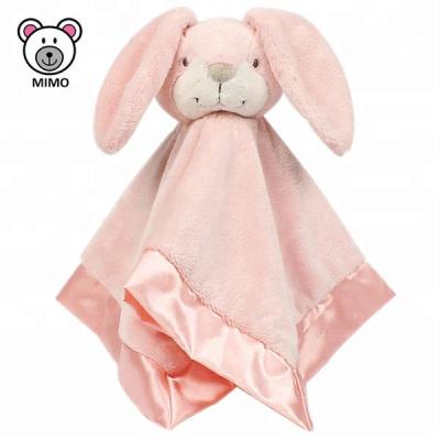 China Newborn Plush Bunny Baby Blanket Toy With Bells Custom Cute Pretty Pink Gift Stuffed Baby Rabbit Soft Super Adorable Comforter Blanket for sale