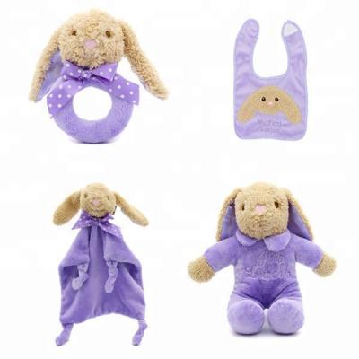 China Gift Custom 4 PACK Cute Purple Long Ears Rabbit Ears Plush Toy Cute Baby Bib Newborn Baby Rattle Blanket Gift Set for sale