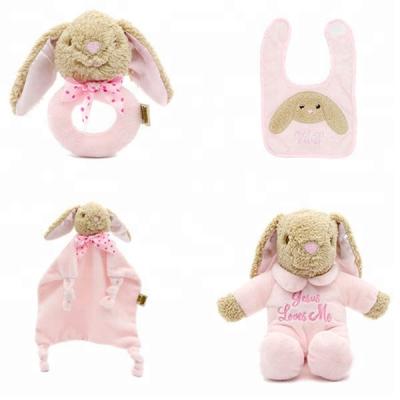 China Organic Newborn Plush Gift Of 4 Set Soft Pink Cotton Rabbit Baby Gift Bundle Baby Comforter Rattle Ears Toy And Baby Feeding Bib Long Plush Gift for sale