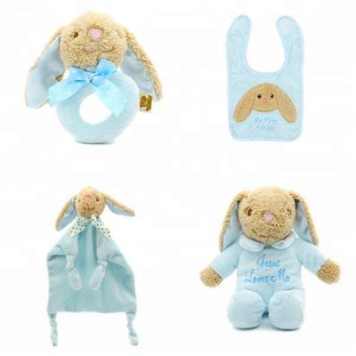 China Blue Rabbit Bunny Bed Comforter Baby Rattle Plush LOGO Long Ears Soft Toy Gift Brand Set Newborn Cute Custom Baby Boy Gift 4 PACKS for sale