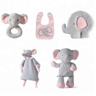 China Gift Cartoon Kids Gray Elephant Plush Baby Rattle Musical Comforter Toy With Bib Custom New 5 PACK Soft Toy Baby Newborn Gift Set For for sale