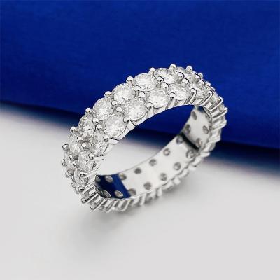 China CLASSIC 925 Sterling Silver Vermeil VVS Moissanite Diamond Ring Hip Hop Bling Iced Out Round Cut 2 Rows Eternity Band Ring for sale