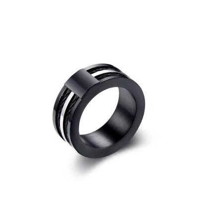 China Hiphop MJ Jewelry 9MM Ring Double Cable Wire Inlaid Black Stainless Steel For Men's Punk Rock Ring Jewelry for sale