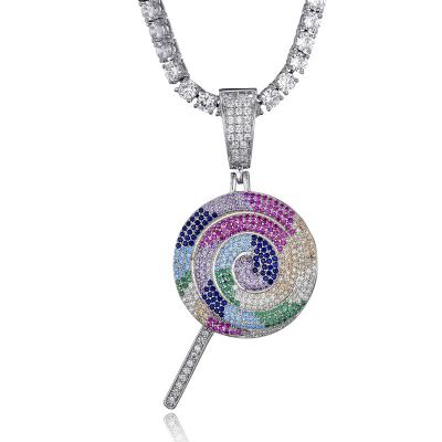 China Hot Selling Hip Hop Hip Hop Full Zircon Trendy Colorful Rainbow Lollipops Pendant Necklace for sale