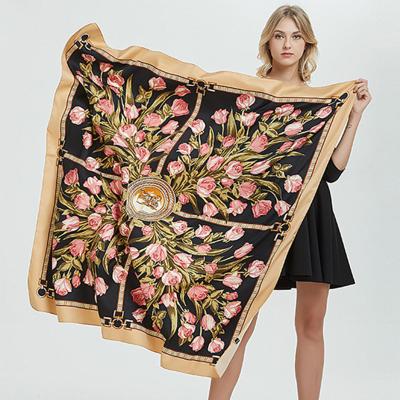 China Women Silk Scarf Design Brand Square Twill Euro Scarf 130*130cm Floral Printed 100% Silk Square Scarf Shawls for sale