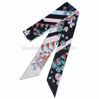 China Women Silk Print Scarf Long Twill Floral Neck Bags Scarf for sale