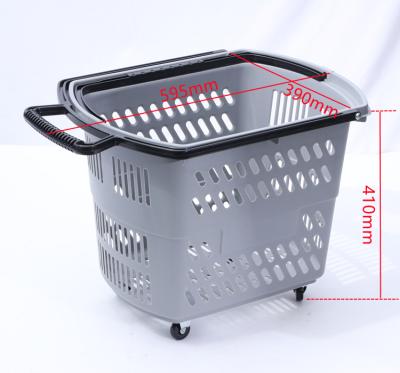 China Durable Eco - Friendly Manufacturer Supermarket 45L Plastic Rolling Shopping Basket With 4 Wheels for sale