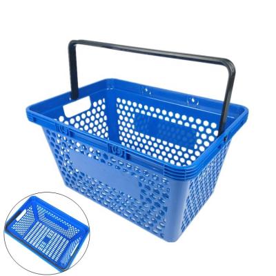 China Durable Wholesale Supermarket Multifunctional Simple Grocery Mesh Handle 28L Plastic Shopping Basket for sale