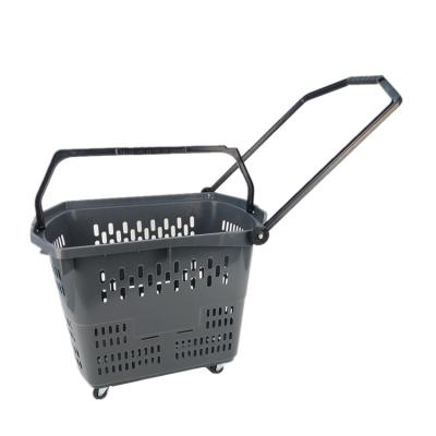 China Manufacturer hot sale 60L durable large capacity rolling pp plastic shopping basket with 4 wheels and handle for supermarket and stores for sale