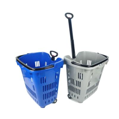 China Durable manufacturer hot sale with wheels rolling plastic foldable shopping basket for supermarket for sale