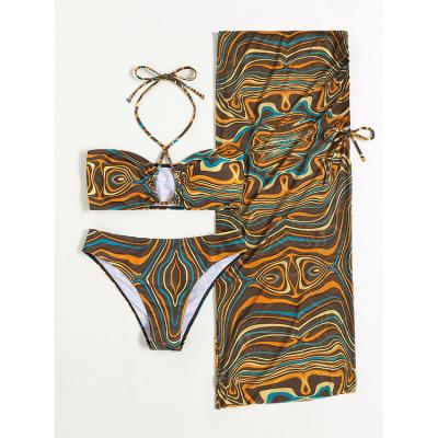 China Breathable Beach 3 Pieces Swimming Halter Print Bikini Swimwear Suit With Sarongs for sale