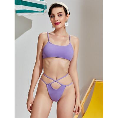 China Breathable Custom Design Purple Cut Matte Bikini Swimsuit Spaghetti Strap Girls Swimwear Beachwear for sale